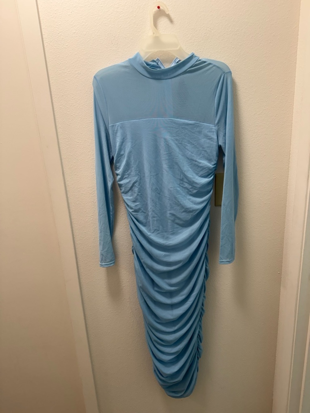 Light Blue Long Sleeve Ruched Midi Dress